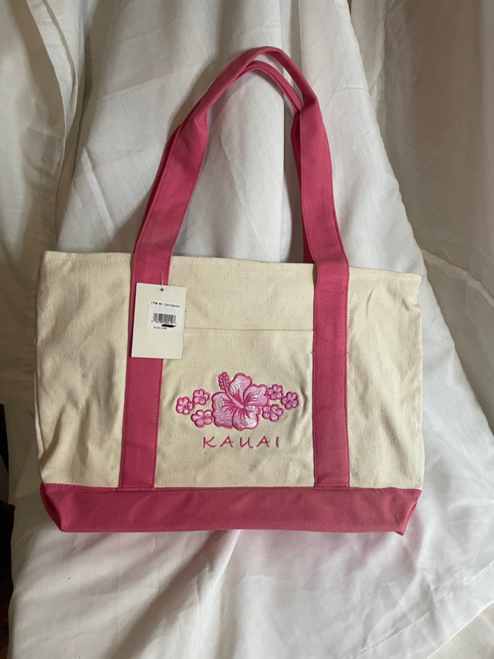 Kauai Canvas Tote with Pink Trim and Floral Embroidery